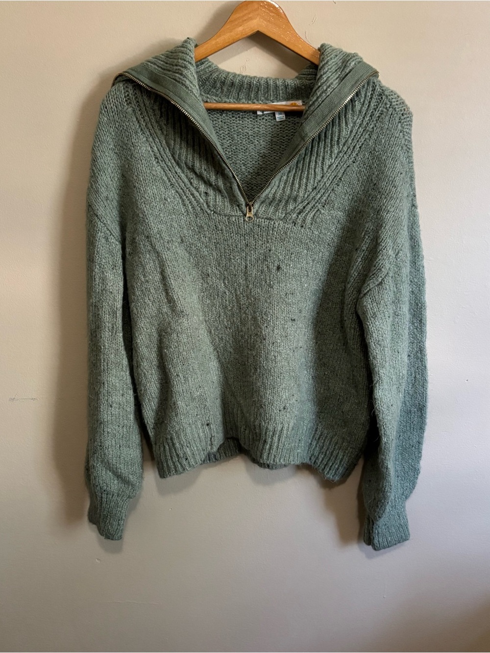 C&C California Sage Flecked Chunky Knit Quarter Zip Mock Neck Sweater M